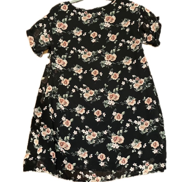 Pink Blush Short Black Chiffon V Neck Dress with Pink and Green Floral Motif - Picture 4 of 9